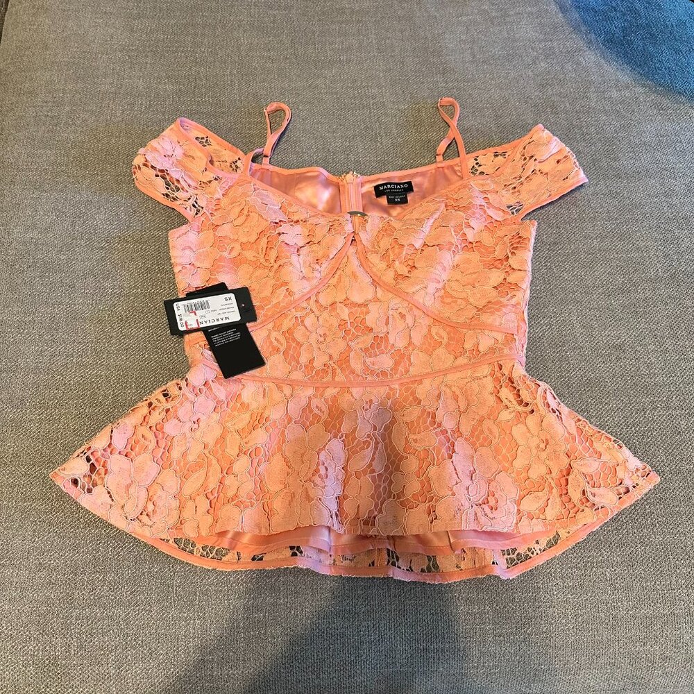 NWT Women's Marciano Open Shoulder adjustable Straps Lined Lace Pink Top Size XS